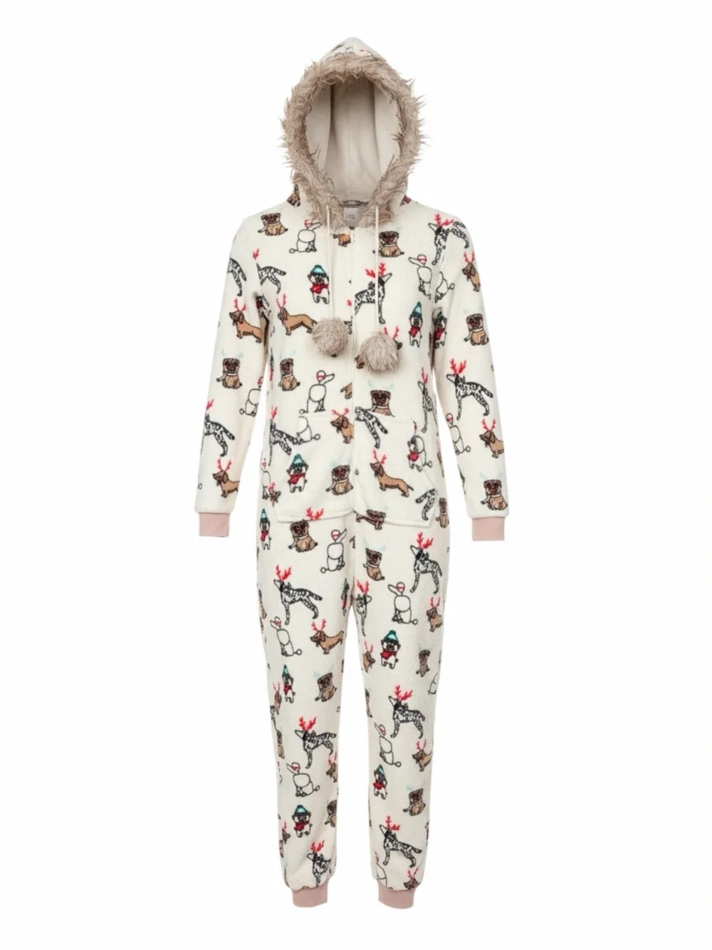 Holiday Time Christmas Dog & Reindeer Fleece Unisex Adult Onesie L